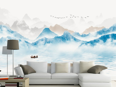 新中式意境抽象水墨山水風(fēng)景電視背景墻壁畫